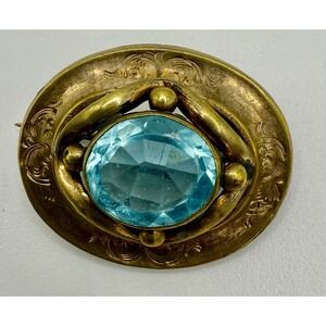 Antique Victorian Brass Brooch Blue Faceted Paste Stone C-Clasp Pin